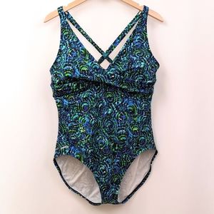 Speedo Swimsuit One Piece Pleated V-Neckline High Back Mosaic Pattern Blue 18
